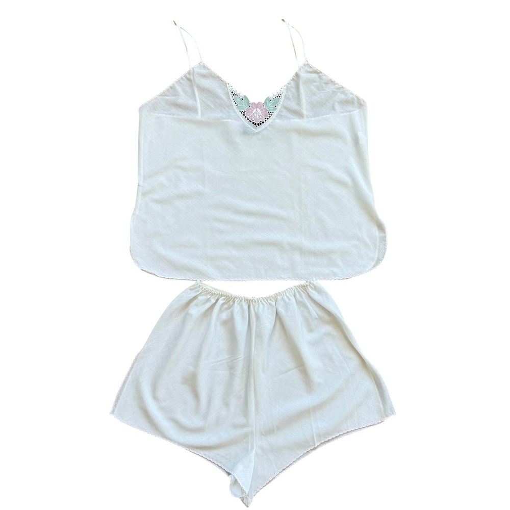 Vintage Nightwaves White Floral Applique Pajama Set Camisole‎ Tap Shorts Large